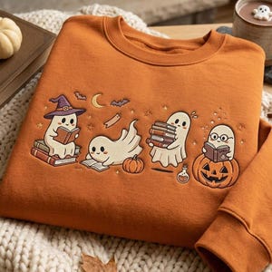 Halloween Ghost Embroidered Sweatshirt, Book Lover Reading Crewneck, Cute Spooky Library Shirt, Cozy Autumn Reader Gift, Fall Pullover