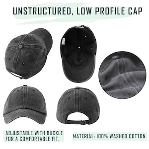 May include: A selection of black, unstructured, low-profile baseball caps. Made from 100% washed cotton, each cap has an adjustable buckle for a comfortable fit. The image includes the text "Unstructured, Low Profile Cap" and "Adjustable with Buckle for a Comfortable Fit."