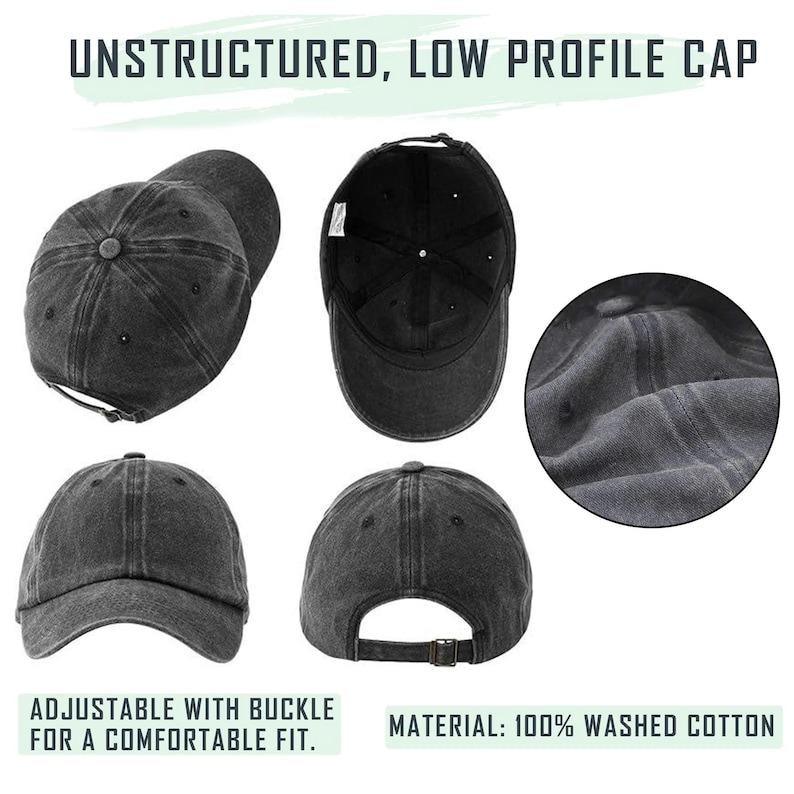 May include: A selection of black, unstructured, low-profile baseball caps. Made from 100% washed cotton, each cap has an adjustable buckle for a comfortable fit. The image includes the text "Unstructured, Low Profile Cap" and "Adjustable with Buckle for a Comfortable Fit."