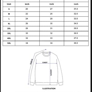 Pode incluir: Uma tabela de tamanhos em preto e branco para uma camisola, com uma tabela de tamanhos dos EUA de S a 5XL e as medidas correspondentes em polegadas para peito, comprimento e manga. Abaixo da tabela, um desenho de linha de uma camisola.