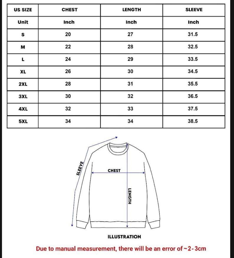 Pode incluir: Uma tabela de tamanhos em preto e branco para uma camisola, com uma tabela de tamanhos dos EUA de S a 5XL e as medidas correspondentes em polegadas para peito, comprimento e manga. Abaixo da tabela, um desenho de linha de uma camisola.