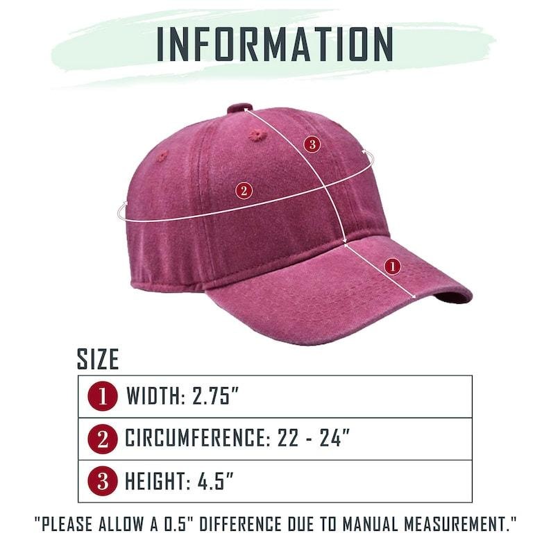 May include: A maroon baseball cap with a curved peak. The cap's width is 7 cm, circumference is 56-61 cm, and height is 11 cm. The image includes the word "INFORMATION" at the top.