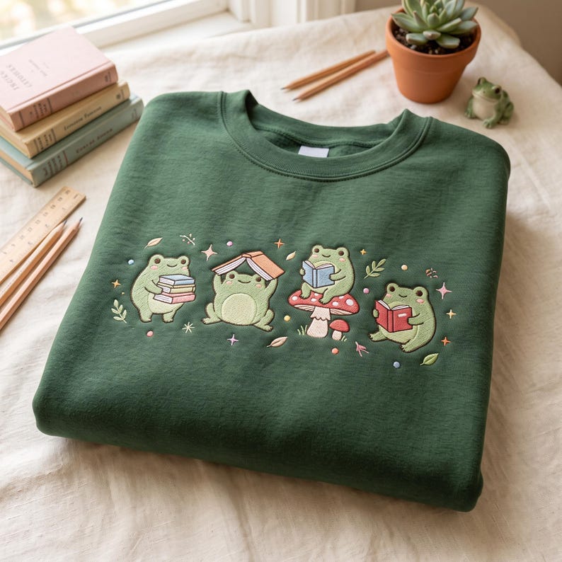 Pu&ograve; includere: Una felpa girocollo verde scuro con un ricamo raffigurante quattro rane verde chiaro che interagiscono con libri e un fungo. Le rane sono raffigurate mentre leggono, reggono pile di libri e sono sedute su un fungo rosso a pois bianchi.