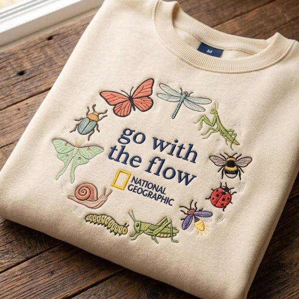 Go With The Flow Embroidered Sweatshirt, Insect Lover Crewneck, Butterfly Dragonfly Bug Shirt, Nature Lover Entomology Gift
