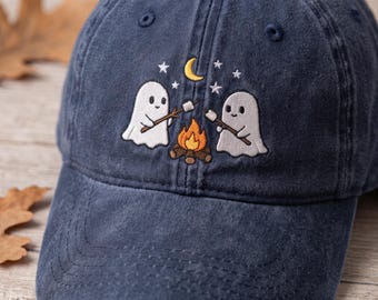 Embroidered Ghost Campfire Hat, Spooky Season Fall Cap, Embroidered Halloween Cap, Cute Ghost Marshmallow Hat, Cozy Autumn Gift For Women