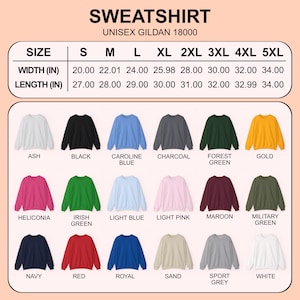 Puede incluir: Una sudadera unisex Gildan 18000 en varios colores, como ceniza, negro y marino. La tabla de tallas muestra las medidas de ancho y largo en pulgadas, desde la S hasta la 5XL. Los colores disponibles son ceniza, negro, azul Carolina, carb&oacute;n, verde bosque, dorado, heliconia, verde irland&eacute;s, azul claro, rosa claro, granate, verde militar, marino, rojo, royal, arena, gris deportivo y blanco.