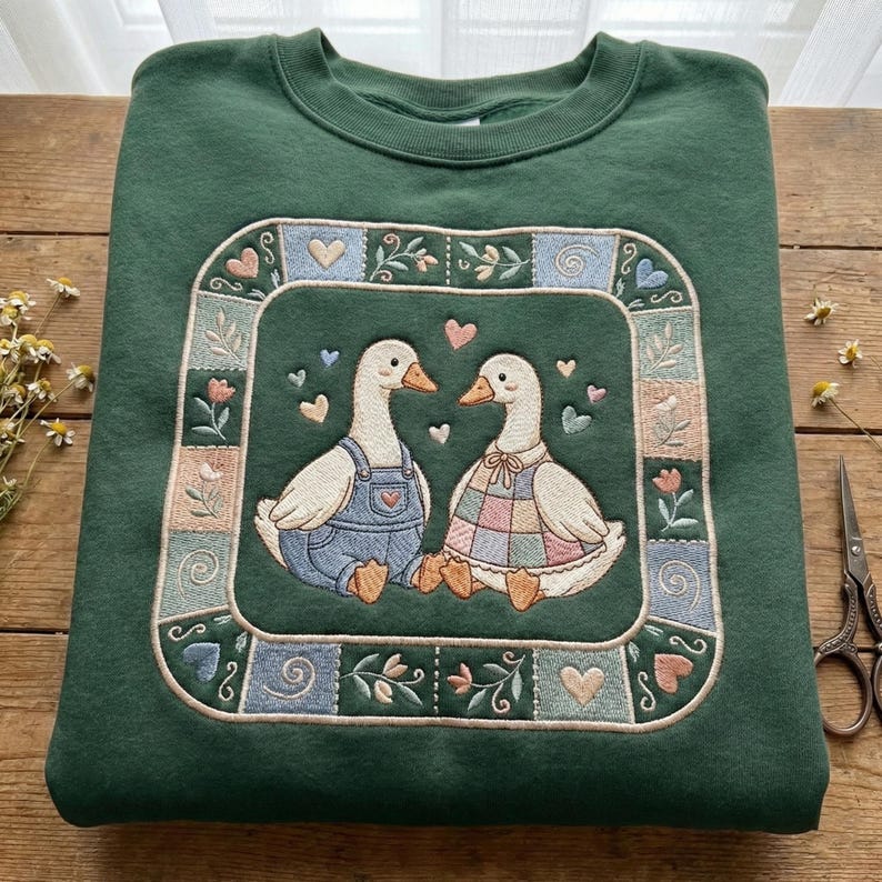 Thrifted Geese Embroidered Sweatshirt, Vintage Grandma Geese Shirt, Cottagecore Folk Art Goose, Cozy Retro Animal Tee, Animal Lover Gift