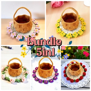 Bundel rozenonderzetter en bloemenmand 5in1 gehaakt pdf-patroon, amigurumi-haak Bloom Coaster, gehaakte rozendeken, handgemaakte decoratie
