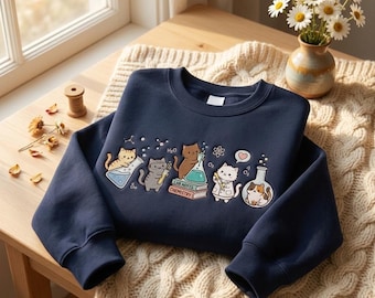 Kemi Katter Broderad Tröja, Rolig Vetenskapslärare T-shirt, Rolig Laboratoriekatt T-shirt, Kattälskare T-shirt, STEM Student Gåva T-shirt