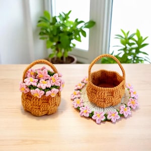 Anjeronderzetter en bloemenmand, gehaakt pdf-patroon, gehaakte bloemenonderzetter amigurumi, gehaakte rozendeken, handgemaakte decoratie