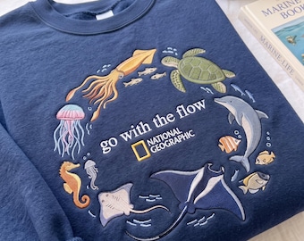 Go With The Flow Embroidered Sweatshirt, Ocean Shirt, Marine Animals Shirt, Marine Life Gifts, Aquarium Lover Gift, Coastal Pullover
