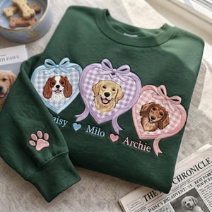 May include: A dark green sweatshirt featuring three embroidered heart-shaped frames with gingham patterns in light blue, lavender, and pink. Each heart contains a dog portrait and the names Daisy, Milo, and Archie. A pink paw print is on the sleeve.