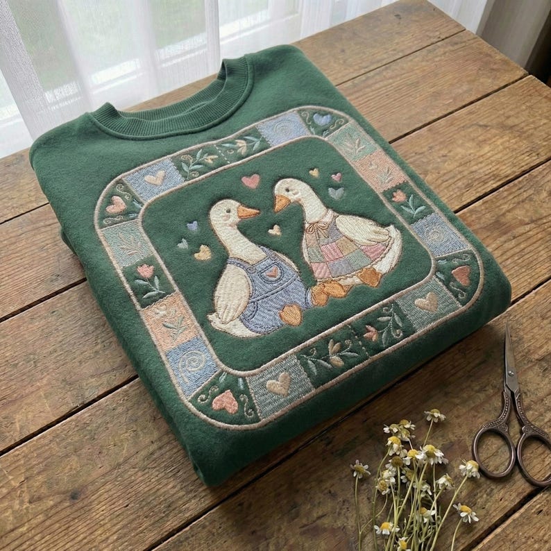 Thrifted Geese Embroidered Sweatshirt, Vintage Grandma Geese Shirt, Cottagecore Folk Art Goose, Cozy Retro Animal Tee, Animal Lover Gift