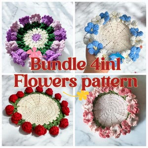 Bundel rozenonderzetter en bloemenmand 4-in-1 gehaakt pdf-patroon, amigurumi-haak Bloom Coaster, gehaakte rozendeken, handgemaakte decoratie