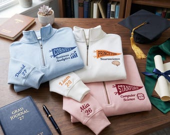 Custom University Embroidered Quarter Zip, Personalized College Name Pennant Crewneck, Graduation Gift for Her, Custom Name on Sleeve Shirt