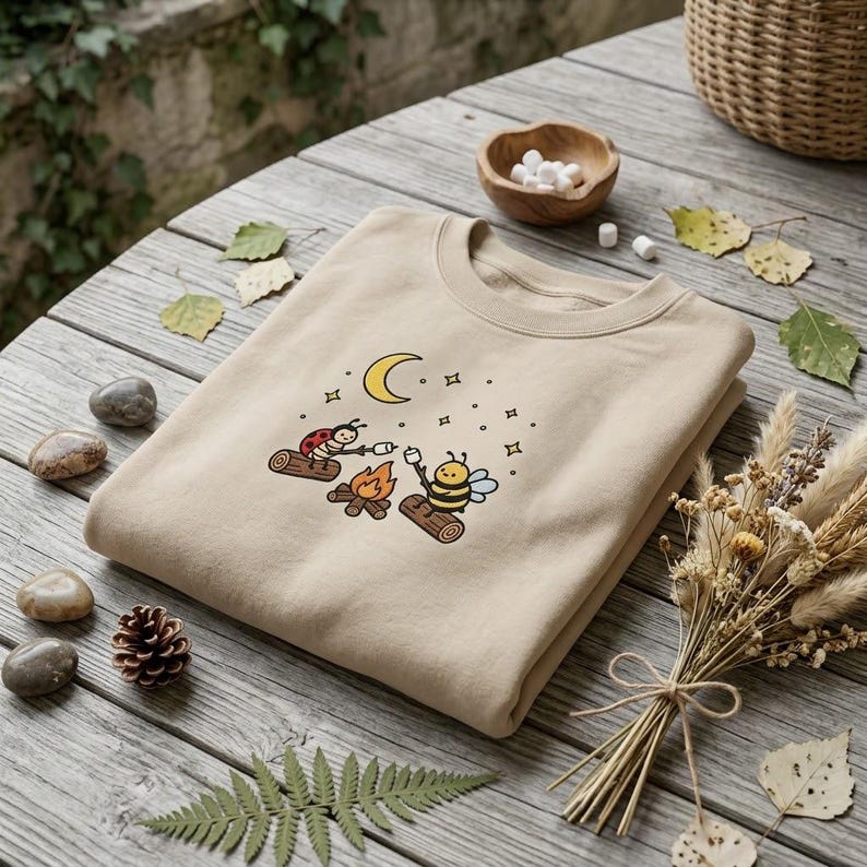 Cute Campfire Embroidered Crewneck, Bee and Ladybug Camping Sweatshirt ...