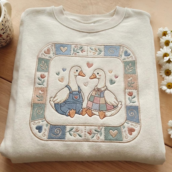 Thrifted Geese Embroidered Sweatshirt, Vintage Grandma Geese Shirt, Cottagecore Folk Art Goose, Cozy Retro Animal Tee, Animal Lover Gift