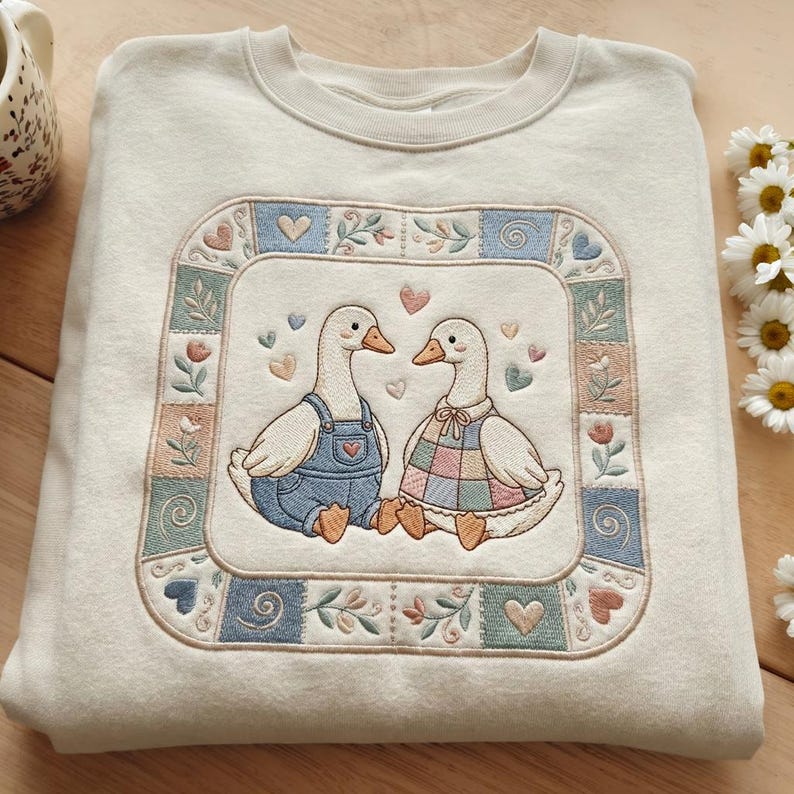 Thrifted Geese Embroidered Sweatshirt, Vintage Grandma Geese Shirt, Cottagecore Folk Art Goose, Cozy Retro Animal Tee, Animal Lover Gift