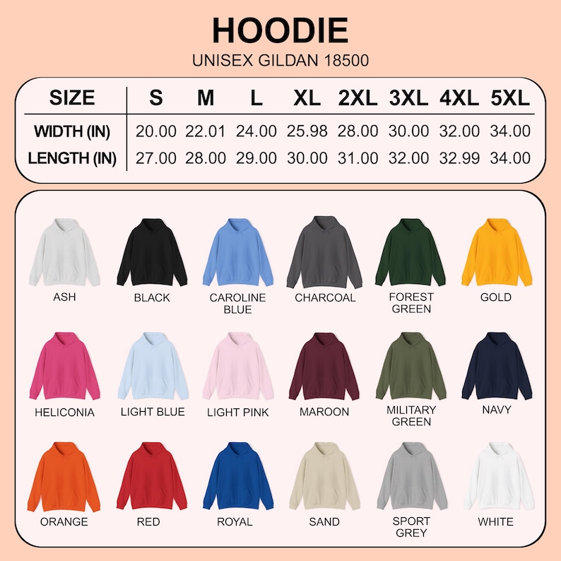 Puede incluir: Imagen de sudaderas con capucha unisex Gildan 18500 en varios colores, como azul carolina, verde militar y gris deportivo. Incluye una tabla de tallas con medidas en pulgadas, y los equivalentes en cm, de S a 5XL.