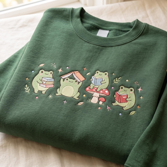 Embroidered Frog Reading Sweatshirt, Frog Teacher Book Lover Gift Stamp Shirt, Reader Bookish Gift, Bookish Gift for Librarian Shirt