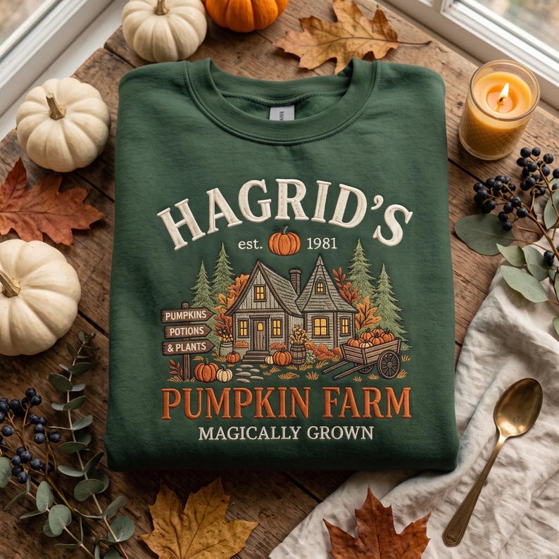 Pode incluir: Uma camisola de gola redonda verde-escura com uma impress&atilde;o gr&aacute;fica de uma casa com o texto "HAGRID'S est. 1981 PUMPKIN FARM MAGICALLY GROWN" e uma placa a indicar "PUMPKINS POTIONS & PLANTS" rodeada por pinheiros e ab&oacute;boras.