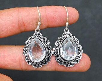 White Topaz Teardrop Earrings, Sterling Silver Pear Dangles, April Birthstone Gift for Her