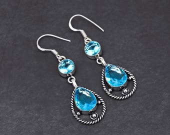 Handmade Blue Topaz Earrings • Faceted Sterling Silver