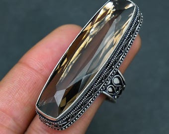 ハンドメイドスモーキークォーツスターリングシルバーリング、酸化加工ディテール