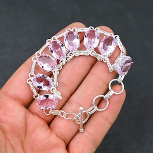 Rose Quartz Gemstone Bracelet 925 Sterling Silver Bracelet Adjustable Rose Quartz Faceted Silver Bracelet Gift For Mom Handmade Jewelry
