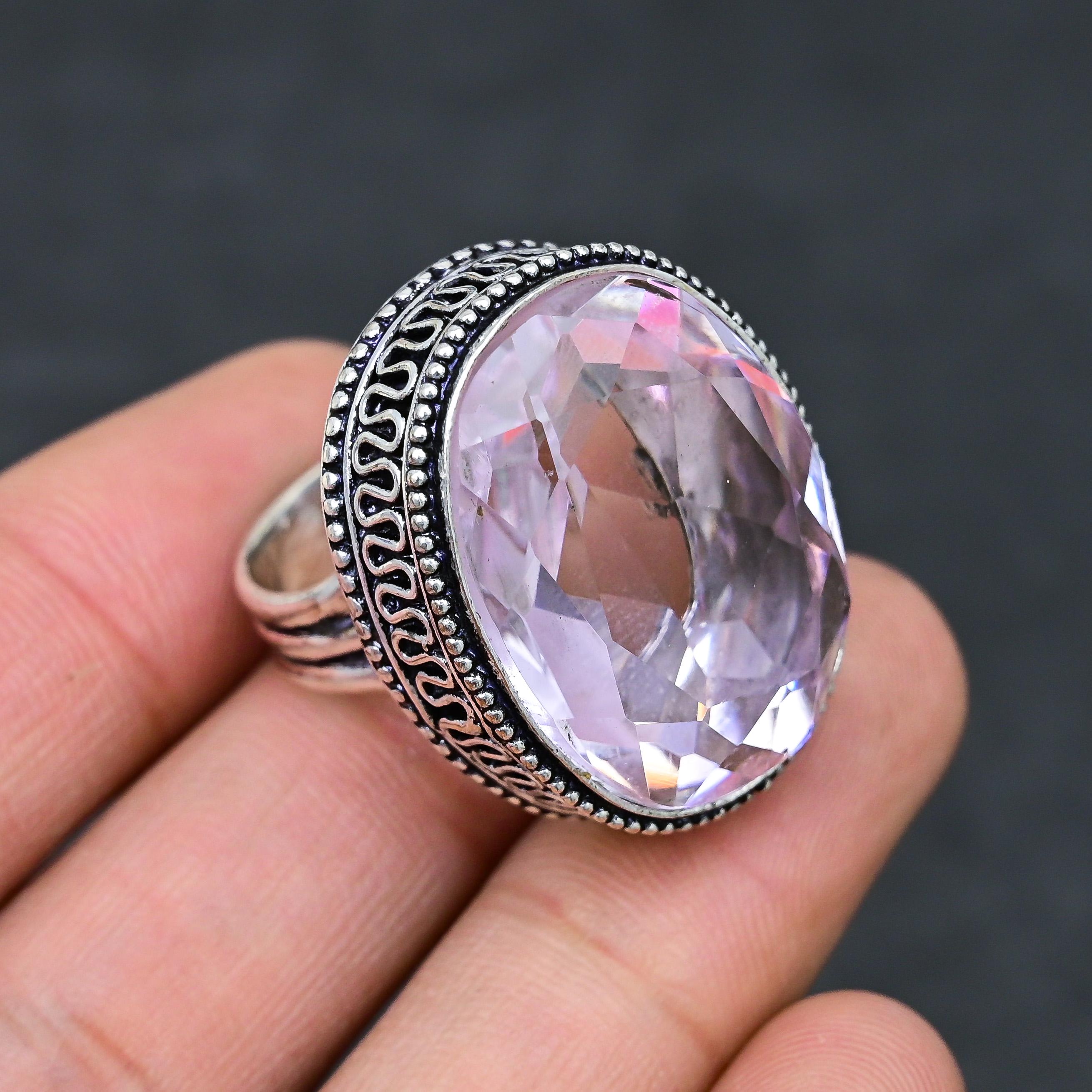 Bague En Argent 925 Avec Kunzite Rose - Taille 7 - Pierre Poire - Faite Main