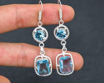 Blue Topaz 925 Sterling Silver Dangle Earrings