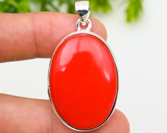 Colgante de coral rojo hecho a mano, ovalado, plata de ley, joyería bohemia