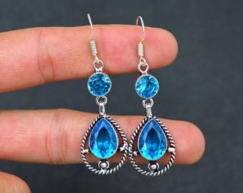 Blue Topaz Sterling Silver Earrings, Handmade Gemstone Dangles
