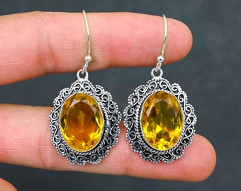 Handmade Yellow Citrine Sterling Silver Earrings • Oval Cut Dangle
