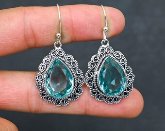 Handmade Blue Topaz Dangle Earrings, Sterling Silver Jewelry