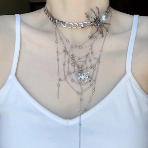 Gothic Spider Cobweb Necklace,Grunge Jewelry,Silver Chian Necklace , Y2K Punk Jewelry,Halloween Jewelry,Spider Jewelry,Cool Long Necklace