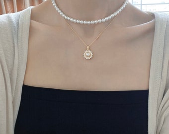Pearl Layered Necklace Set,Gold Chain Chocker Set,14K Gold, Bridesmaid Pearl Necklace Wedding,Elegant Minimalist Necklace Gift for Her