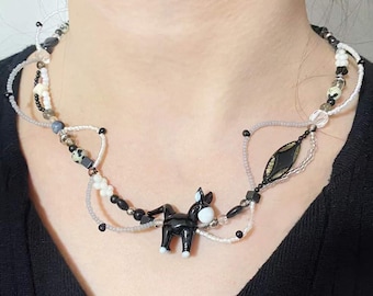 Black Bead Necklace,cute little donkey necklace,handmade beaded necklace, y2k, cottagecore, fairycore,chain, blue, gift idea,Y2K Boho Style