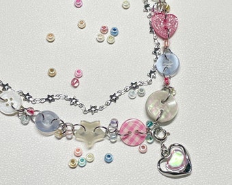 Joli collier coeur, collier de perles colorées, bijoux de plage arc-en-ciel en pâte, bijoux d'été, bijoux de collier Y2K, tour de cou esthétique indépendant des années 90