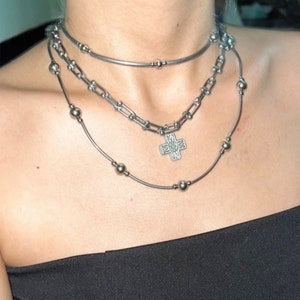 Y2k Sliver Chain Neckalce,Cross Layer Necklace Set,Streetwear Necklace,Grunge Punk Layered Choer,Stainless Steel Punk Trendy Kpop Choker