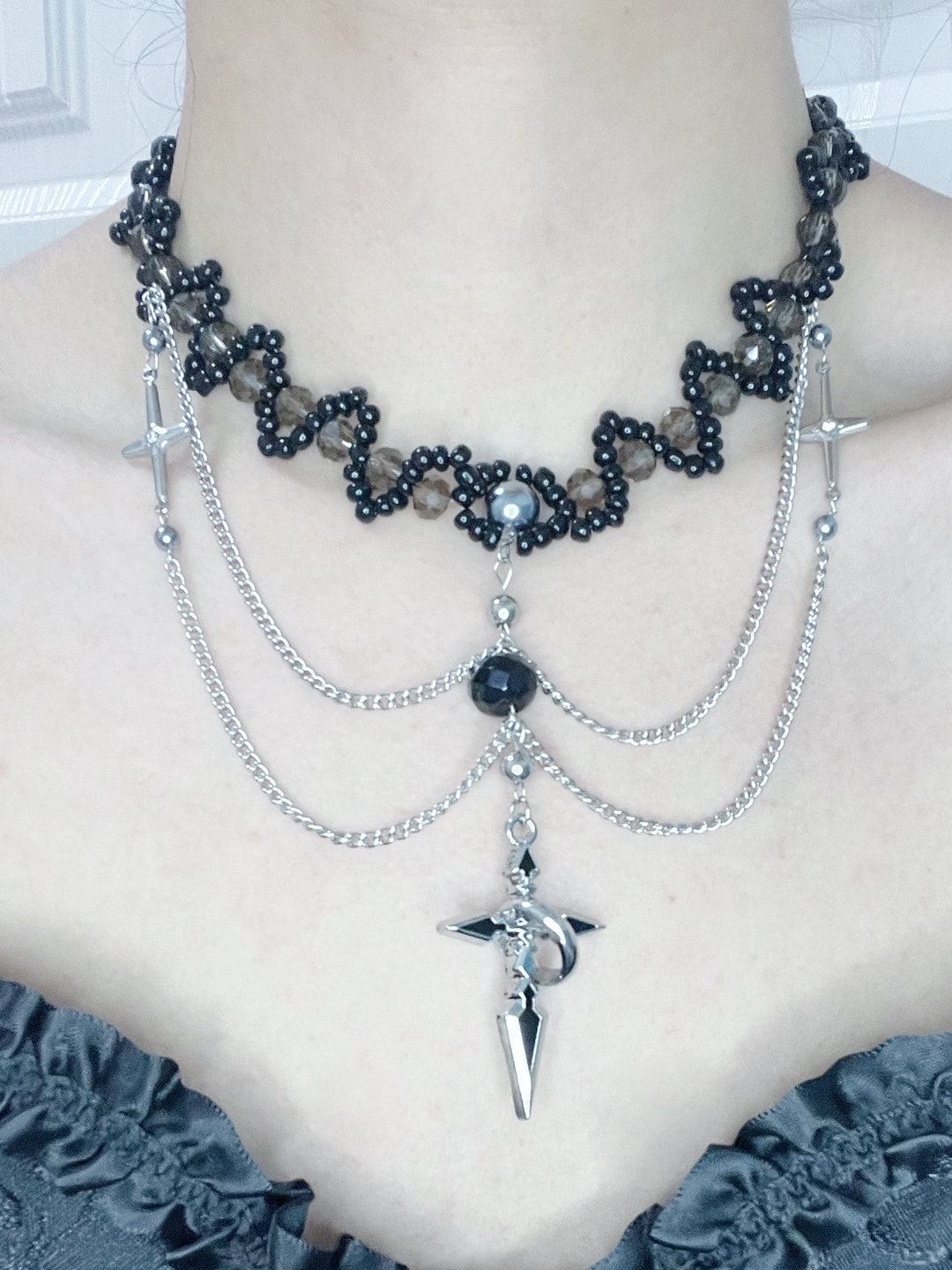 Beaded Cross Necklace, Black Goth Bead Necklace, Witch Bead Cross