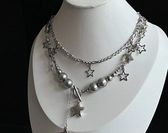 Conjunto de collar de estrella diminuta, collar de capas, collar de estrella de plata, collar celestial, collar punk, gargantilla de estrella, collar de gargantilla de titanio Y2k