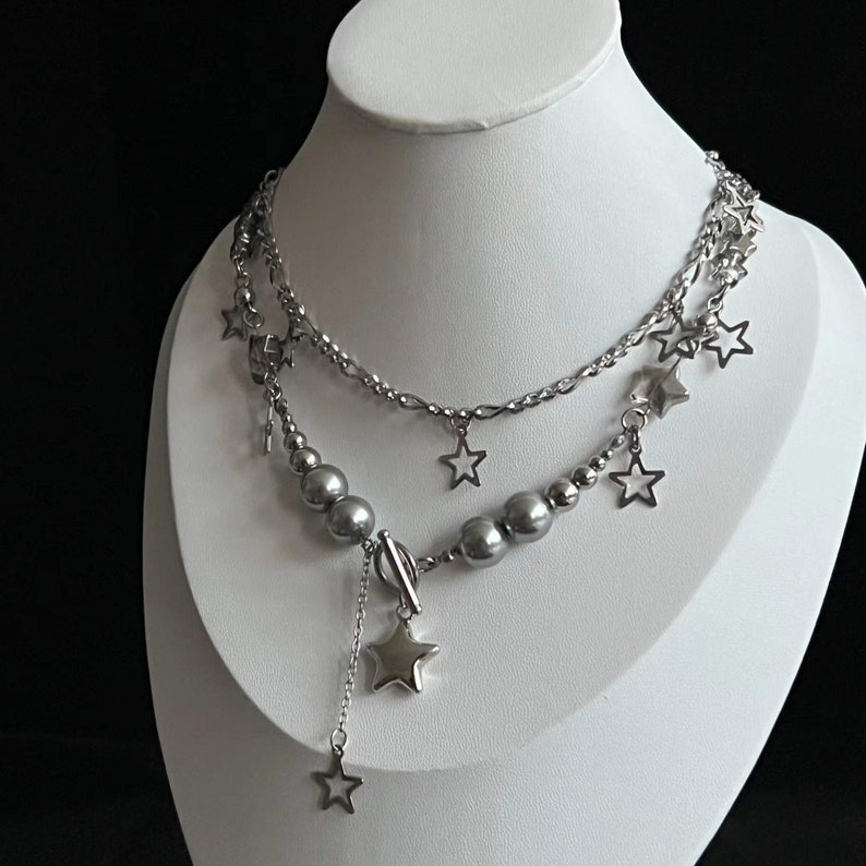 Tiny Star Necklace Set,Layering Necklace,Silver Star Necklace,Celestial Necklace,Punk Necklace,Star Choker,Titanium Y2k Choker Necklace zdjęcie 1