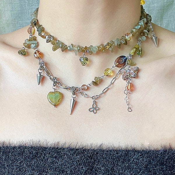 Collier fée forêt verte, bijoux indépendants en cristal de l'an 2000