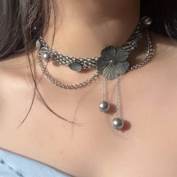 Collier en acier titane, ras de cou en perles d'eau douce/collier chaîne floral/bijoux minimalistes/usage quotidien/gros collier funky grunge