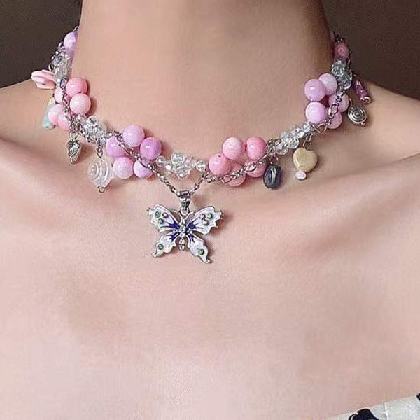 Collier de papillon de coeur de perle rose, collier de Fairycore de tour de cou de papillon d'acier inoxydable Y2K, grunge de fée, collier de cottage esthétique des années 90