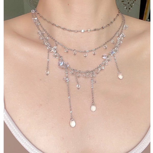 Layered Bead Tassel Choker Necklace Set,Minimalist Pendan Necklace For Women Floral Necklace,Bridal Necklace,Gorgeous Drop Choker,Fairycore