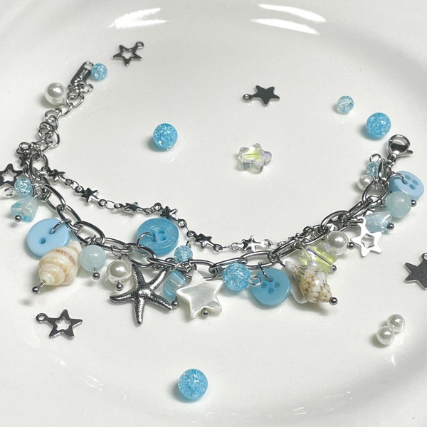 Y2K Bracelet Ocean Bracelet,Blue Button Bead Bracelet,Gothic Charm Bracelet Jewelry Gifts Summer CoquetteY2k Jewelry Stargirl Bracelet