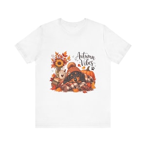 Autumn Vibes dachshund with pumpkin and coffee Tee | fall leaves, cozy beanie