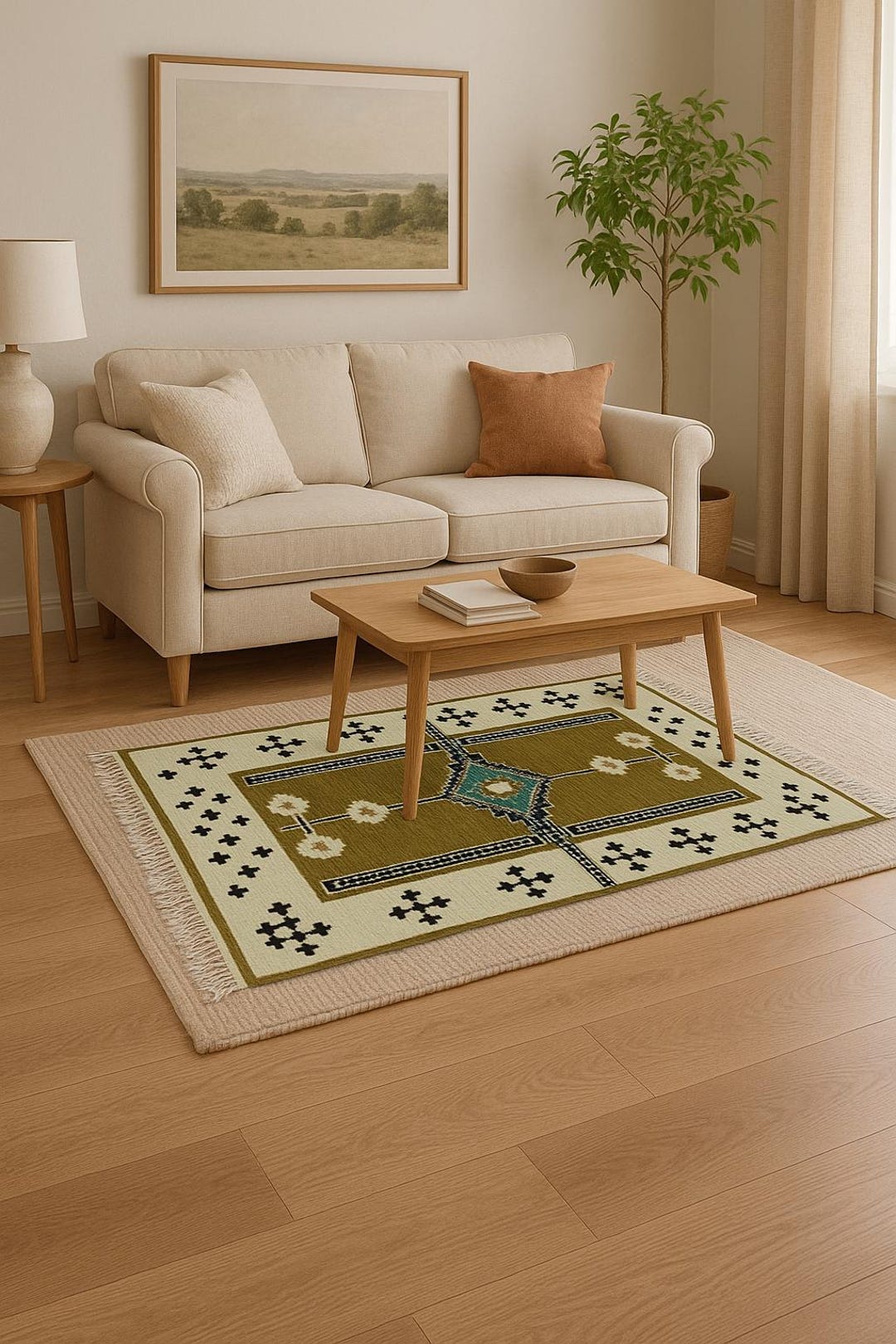 手織りウールラグ：2.7x3.4フィートの幾何学模様 - アースグリーン